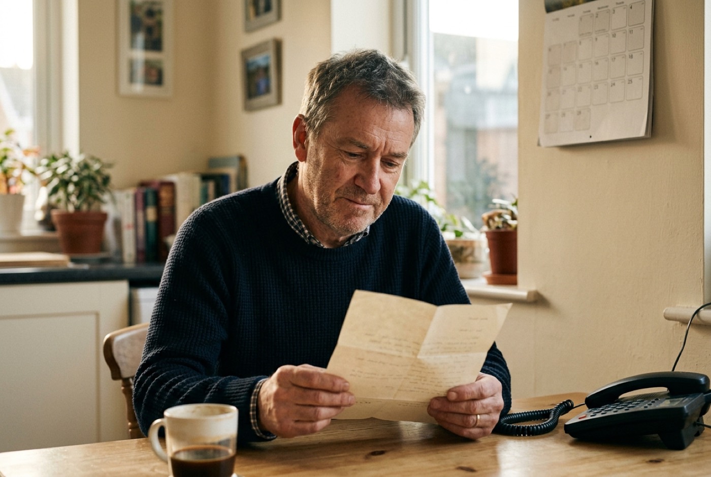 A man in his fifties at a dining table reading a letter, a wall calendar behind him